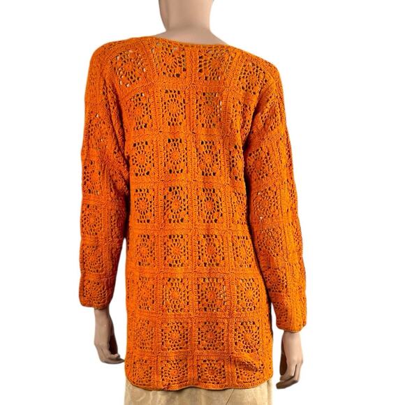 Tweeds Womens Medium Orange Linen Cotton Cardigan Open Knit Crochet Granny Core - Picture 3 of 9